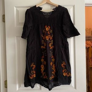 Free People Victorian Black Embroidered Autumn Floral Dress